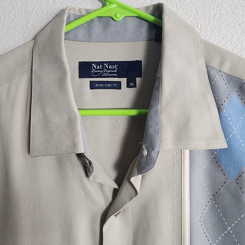 Nat Nast Shirt Mens XL Beige Gray Silk Camp Bowling Argyle Panel Short Sleeve - Picture 4 of 12